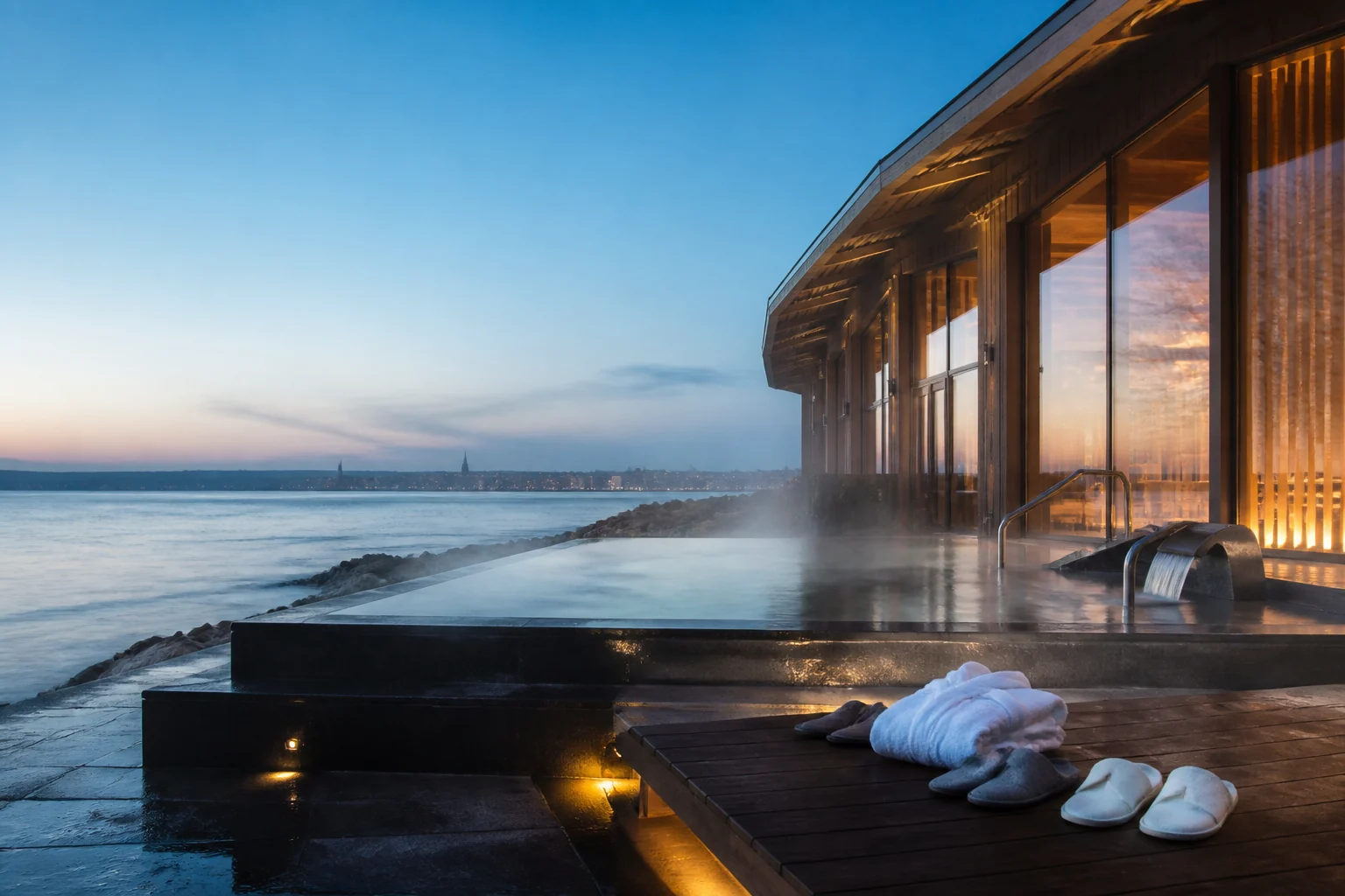 Nordic coastal spa at blue hour with a steaming infinity pool